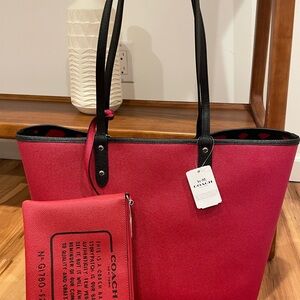 Coach Red Pebbled Leather Tote with Black Trim and Removable Pouch